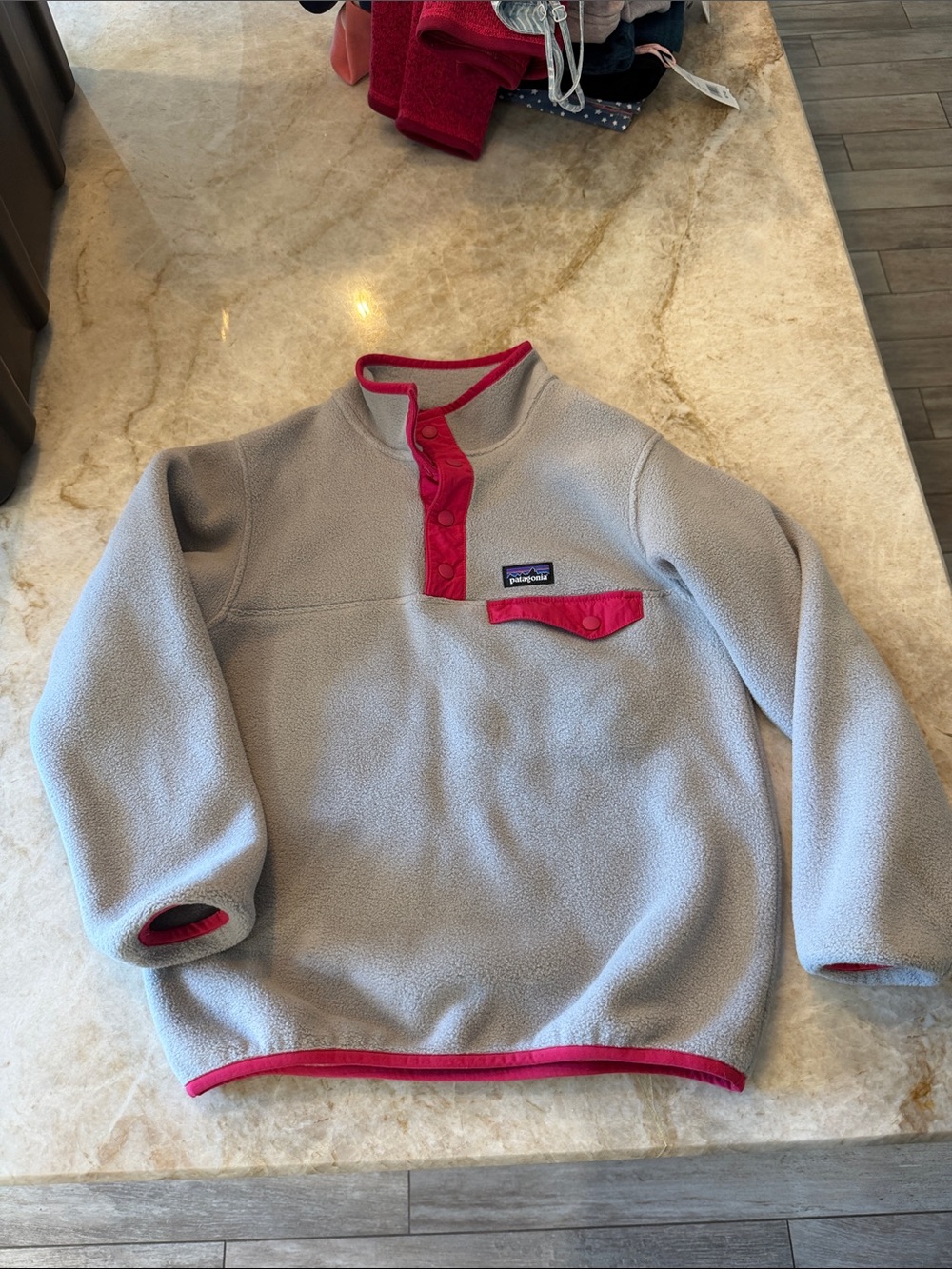 Patagonia Light Gray Fleece Pullover with Pink Trim